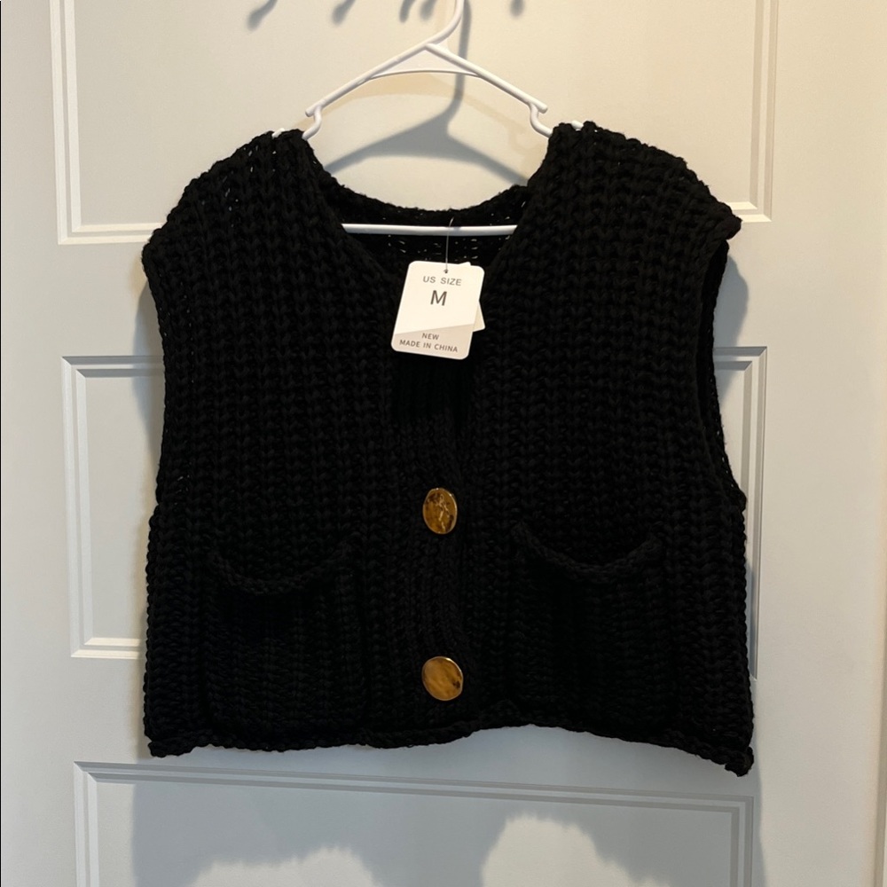 Black Knit Vest with Brown Buttons